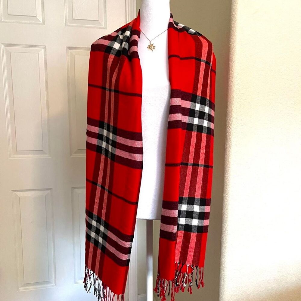 Pashmina 100% Cashmere Red Plaid Scarf with fringe